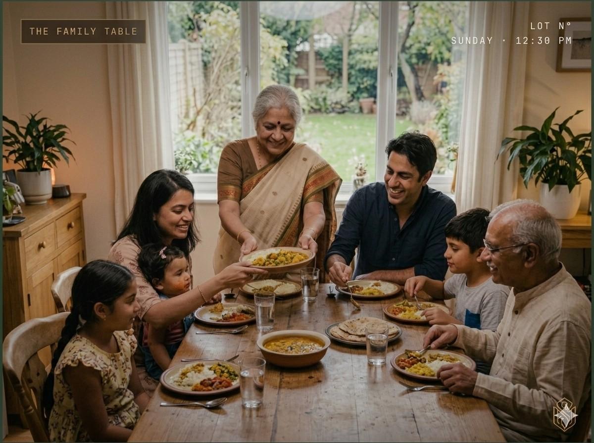 A multi-generational family — grandparents, parents, children, and a dog — at Sunday lunch